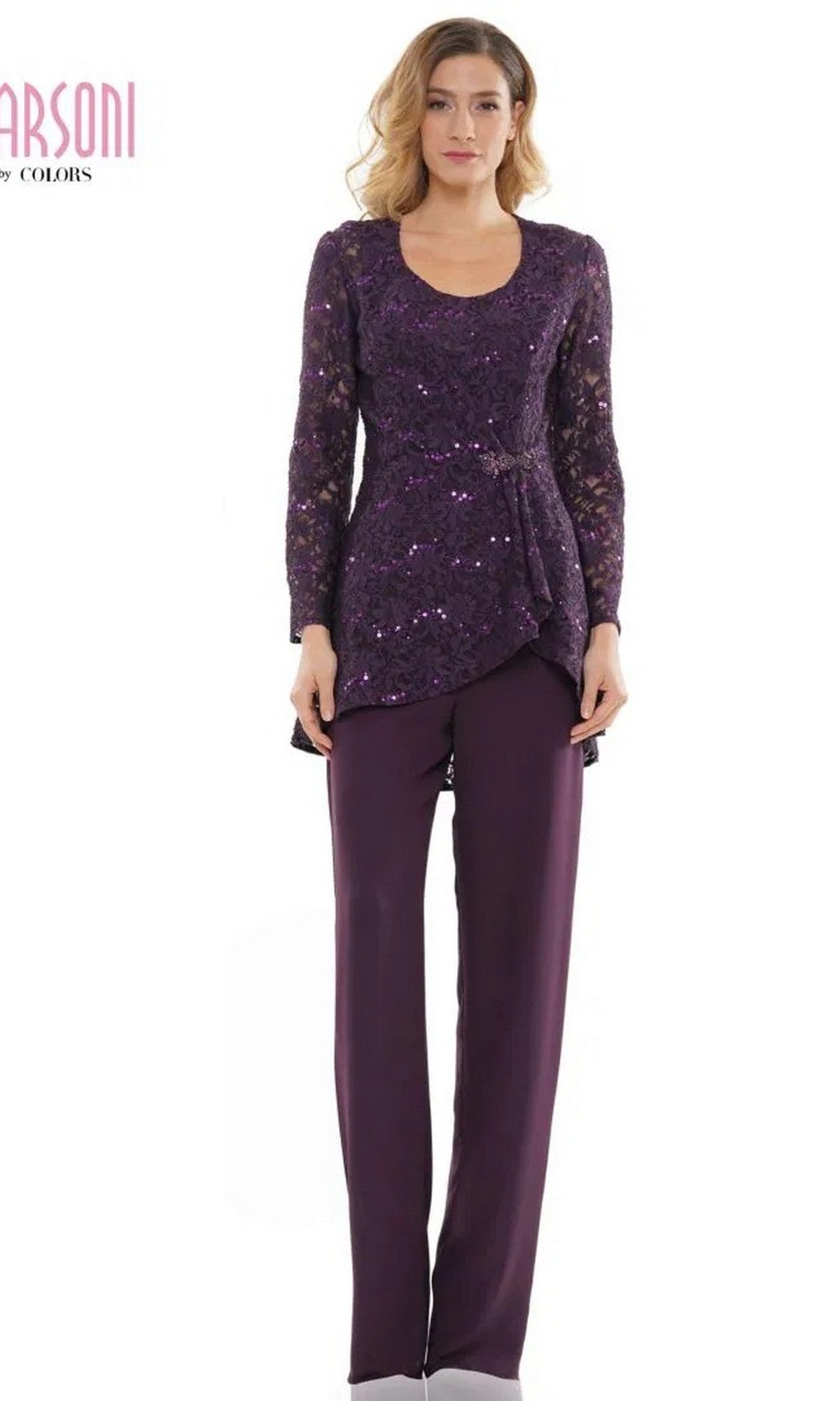 A woman wearing the Marsoni M305 long formal pantsuit in eggplant stands facing forward against a white background.